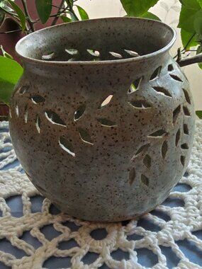 New Ceramic Artisan Votive Candle Holder Leaf Pattern Cutouts Signed